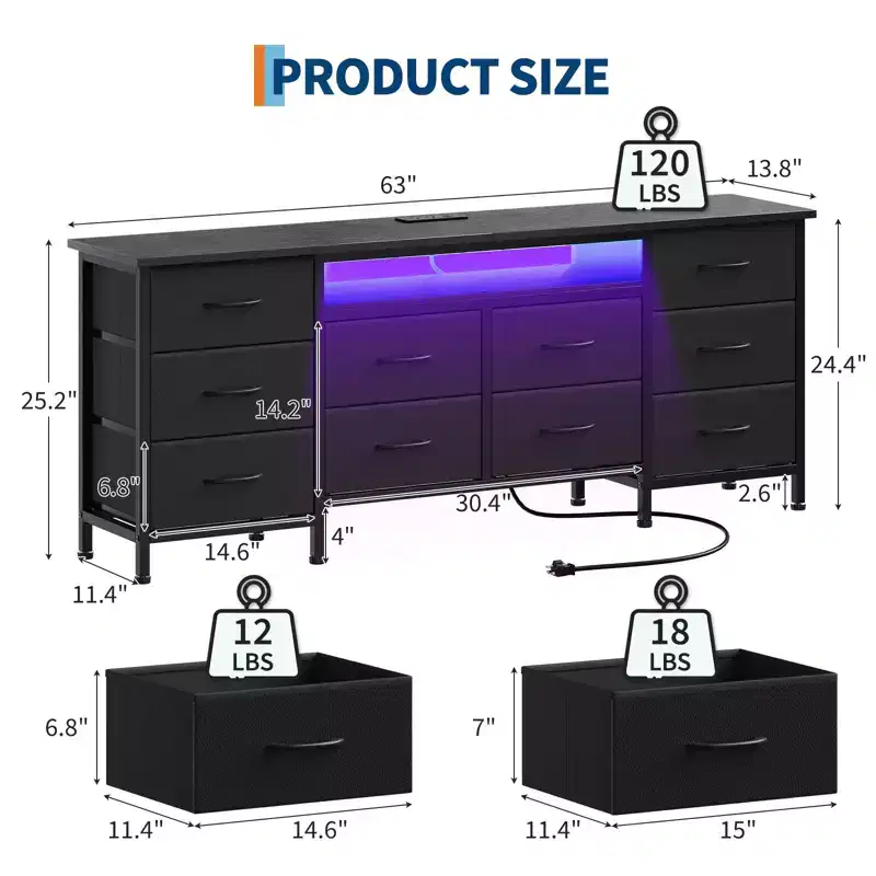 Wooden 5-Drawer Dresser Chest, 10 Fabric Drawers, Sturdy Furniture, TV Stand, for Living Room, Bedroom
