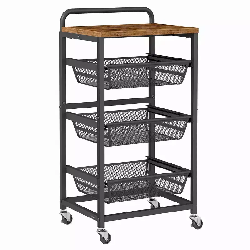 VASAGLE Storage Cart with Pull-Out Baskets, 4-Tier Kitchen Cart with Wheels, Handle, 12.5 x 15.8 x 29.8 Inches, Rustic Brown and Ink Black