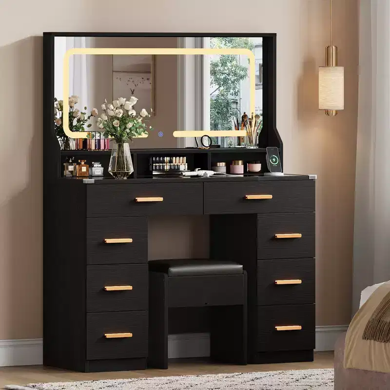 Acekool 42 Glass Top Makeup Vanity Desk with Mirror, 8 Drawers & Stool for Bedroom