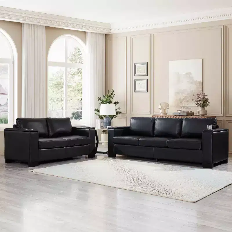 MAYEERTY Two Pieces 2+3 Seater Sectional Sofa with Cup Holder Square Arm Upholstered Faux Leather for Living Room Black