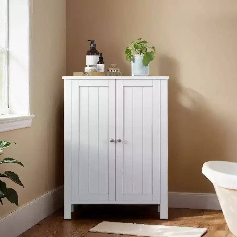 Freestanding Floor Storage Cabinet with 2 Adjustable Shelves, 23.6 Inch Wide Organizer for Bathroom Living Room, White