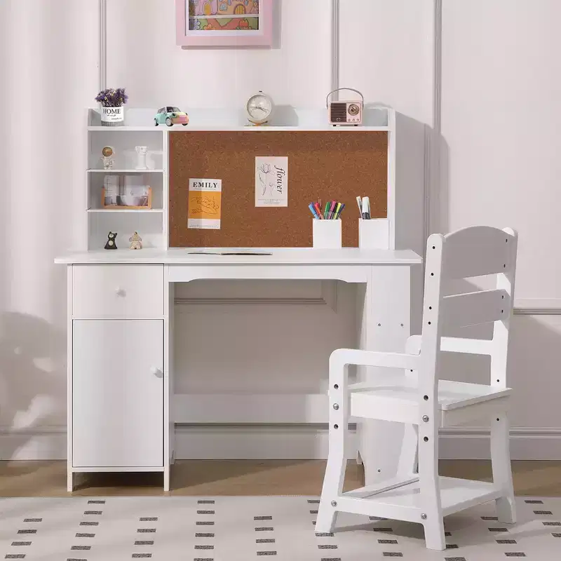 GustoWave Kids Study Desk and Chair Set with Storage Hutch & Cork Board, Wooden Study Table for Children Ages 3-8, White