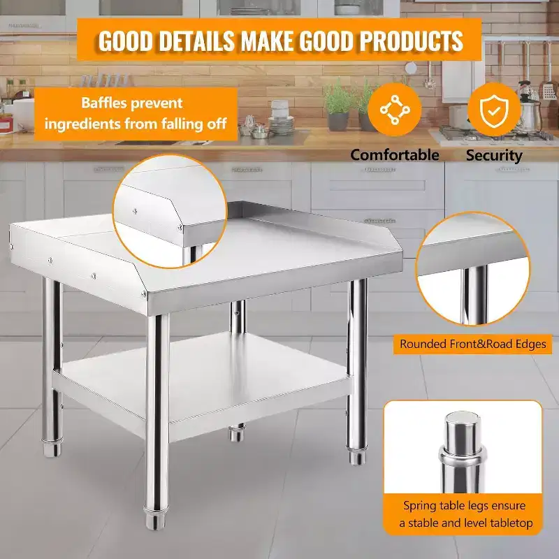 36x28x24 Stainless Steel Equipment Grill Stand Table,1000 lbs Top Shelf,220 lbs Bottom Shelf,Adjustable Legs,2 Edge Baffle