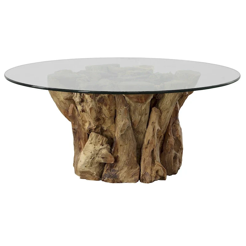 Natural Brown & Clear, Rectangle, 2-Seat, Teak Wood & Glass Coffee Table – 43