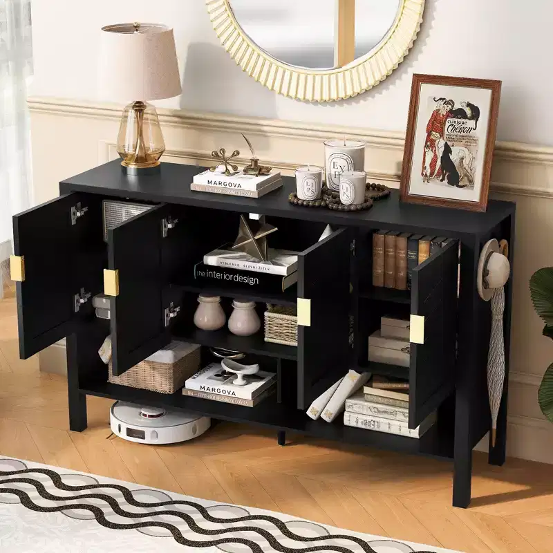 Modern Double-Tier 4-Door Sideboard Storage Cabinet with Open Shelves for Dining Room, Living Room, and Kitchen