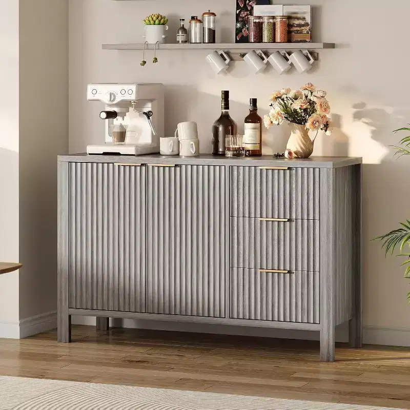 Grey Fluted Sideboard, 2-Door 3-Drawer Storage Cabinet