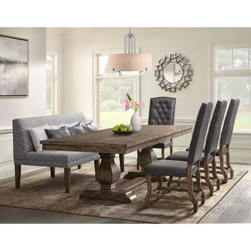 Picket House Furnishings Hayward Rectangle Standard Height Extendable Dining Table Walnut: Modern Double Pedestal, Seats 6