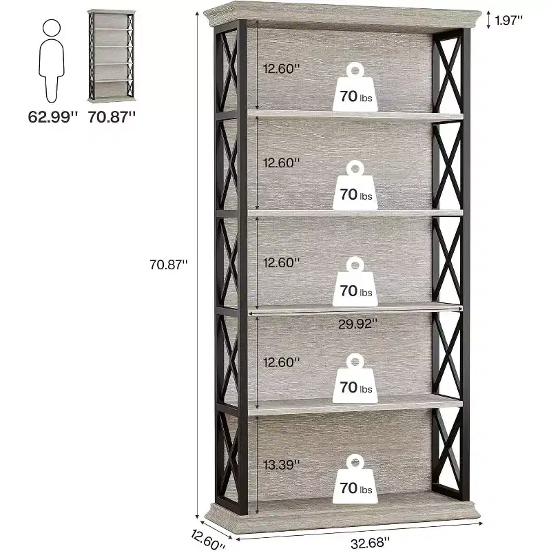 6-Tier Bookcase, 71 Inches Industrial Bookshelves, Floor Standing 5 Shelf Display Storage Shelves for Home Office, Living Room, Bed Room, Grey