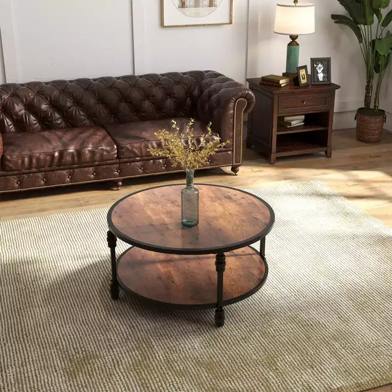 Brown Round 2-Tier Coffee Table with Metal Frame – For 1