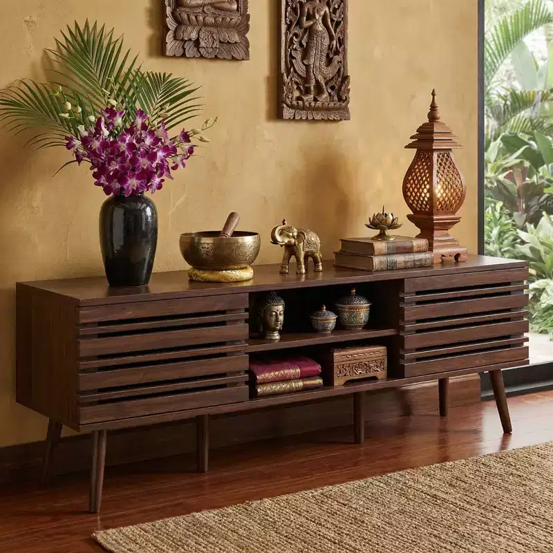 Mid Century Modern Fluted Wood TV Stand for 70'' TVs with Storage & Cable Management