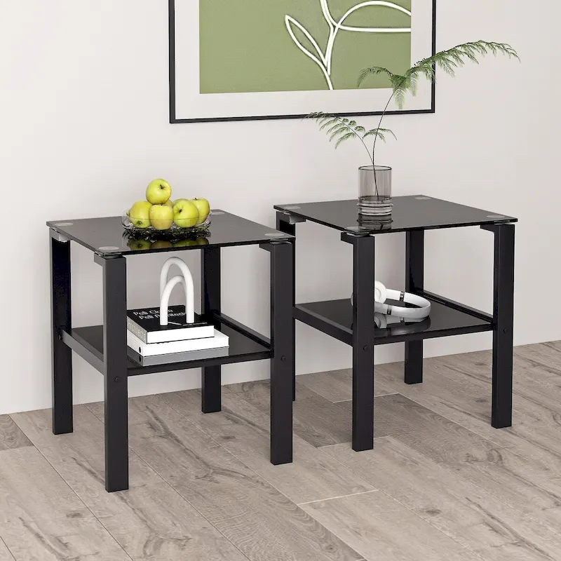 Set of 2, Glass two layer tea table, small round table, bedroom corner table, living room side table