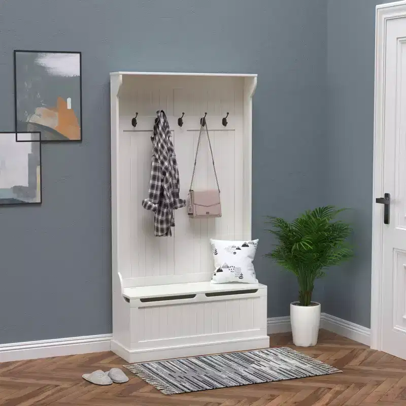 38IN Entryway Hall Tree with 5 Metal Hooks, Shoe Storage and Top Door, Freestanding Coat Rack for Living Room, Entryway, Cream