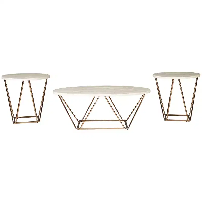 3pc Tarica Coffee and End Table Set Faux Cream/Gold Metal Base - Signature Design by Ashley: Scandinavian Style, Oval & Round Tables
