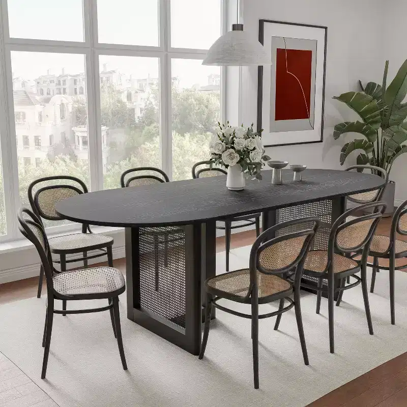 PexFix 79 x 33.5 Farmhouse Kitchen Dining Room Table Home Furniture Oval Black Kitchen Table with Rattan Woven Legs for Kitchen Bar Living Room