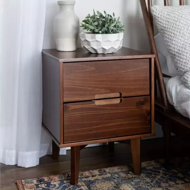 2-Drawer Walnut Wood Nightstand with Cutout Handles