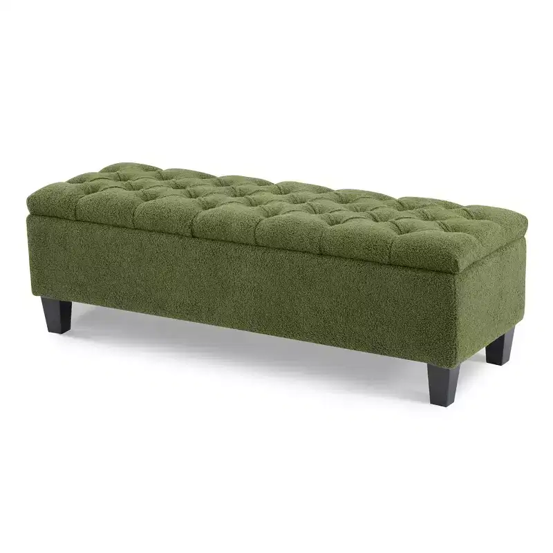51'' Green Boucle Fabric Storage Ottoman Bench with Button Tufting & Rubber Wood Legs