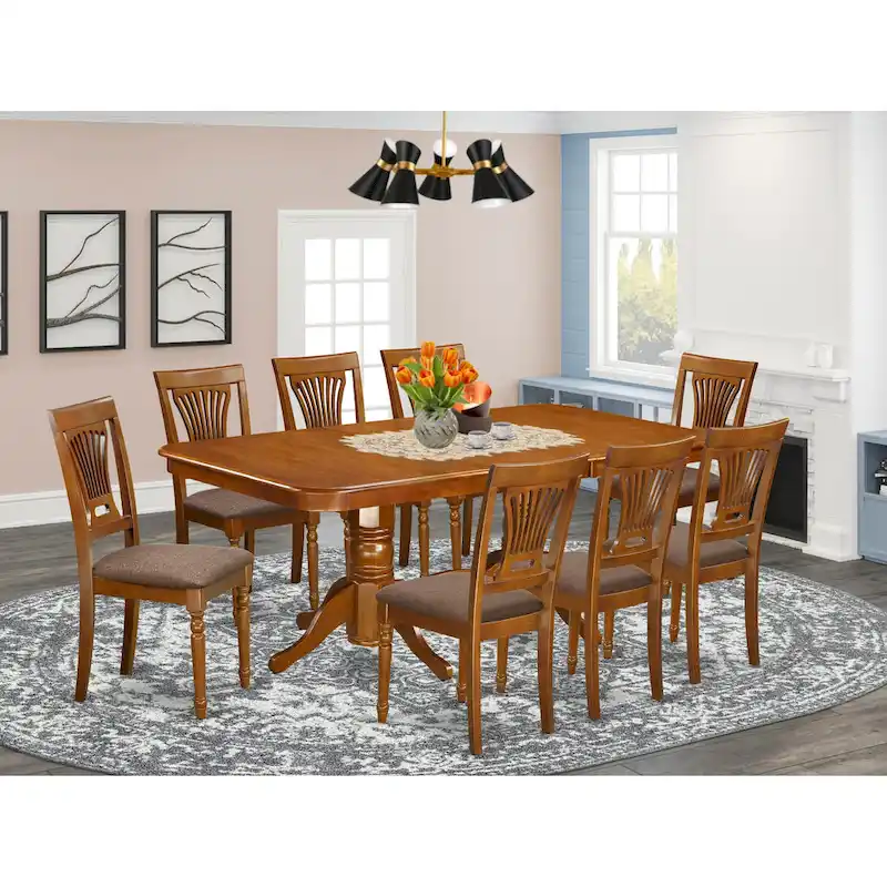 Kitchen Dining Set — Includes 1 Rectangular Dining Table and 8 Dining Chairs, Saddle Brown (Selectable Seat Styles)