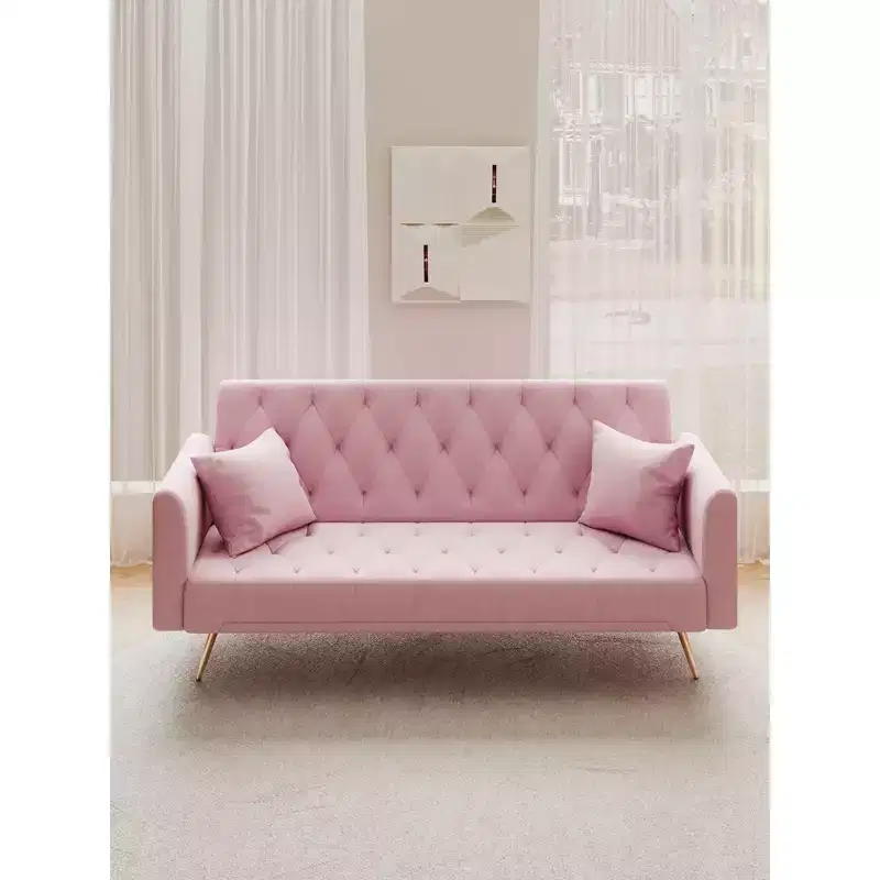 Convertible Velvet Loveseat Sofa Bed for Living Room Bedroom, Pink