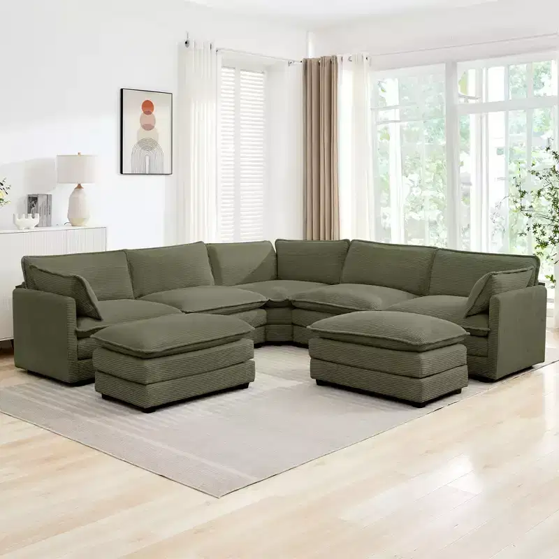 HYLEORY 113.4''D*113.4''W Oversized Corduroy Modular 7-Seat Sectional Sofa Set with Double Ottomans U Shaped Sofa Couch with Corner Sofa