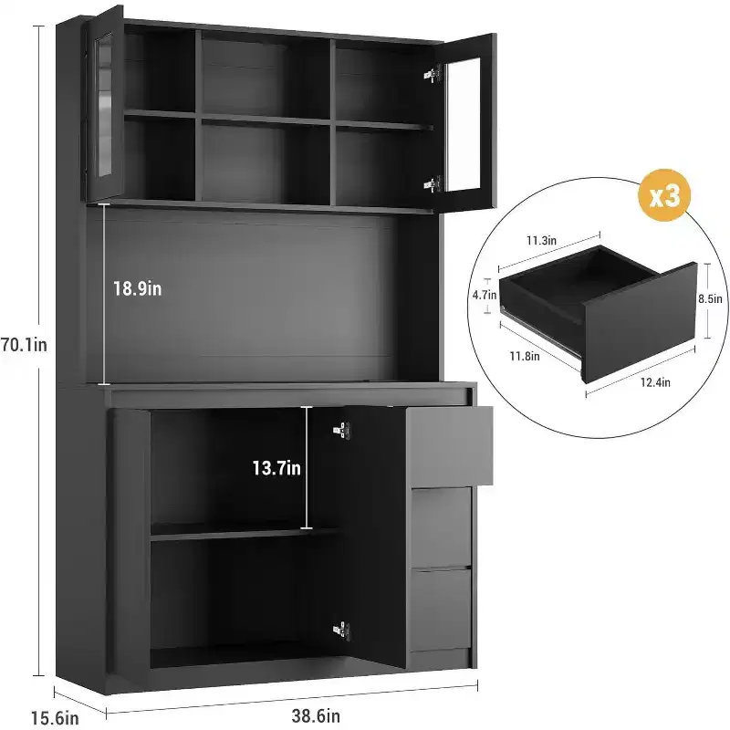 Kitchen Pantry Cabinet with Doors and Adjustable Shelves, 71 Tall Storage Hutch with Microwave Shelf, LED Lights and Charging Station