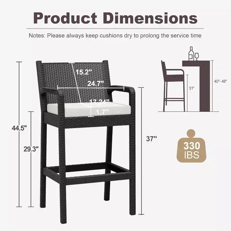 Outdoor Bar Stools Set of 2, Armrests and Cushions, Comfortable Seating, All-Weather Barstools, for Balcony, Garden, Pool, Deck