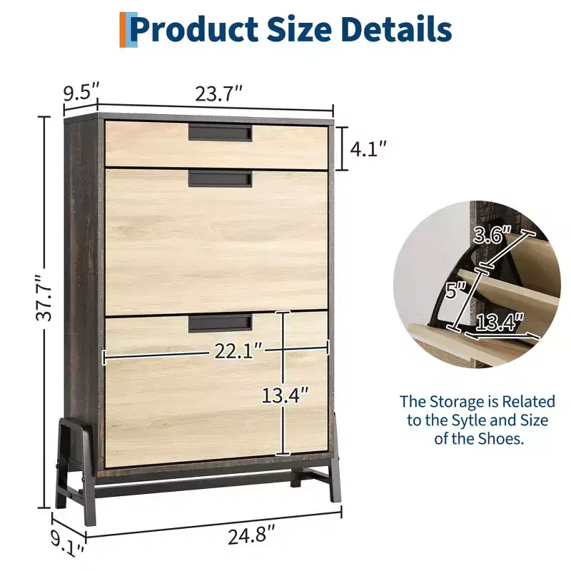 Shoe Storage Organizer with 2 Flip Drawers and 1 Drawer, Freestanding Narrow Shoe Rack and 3-Tier Adjustable Shelves for Entryway,
