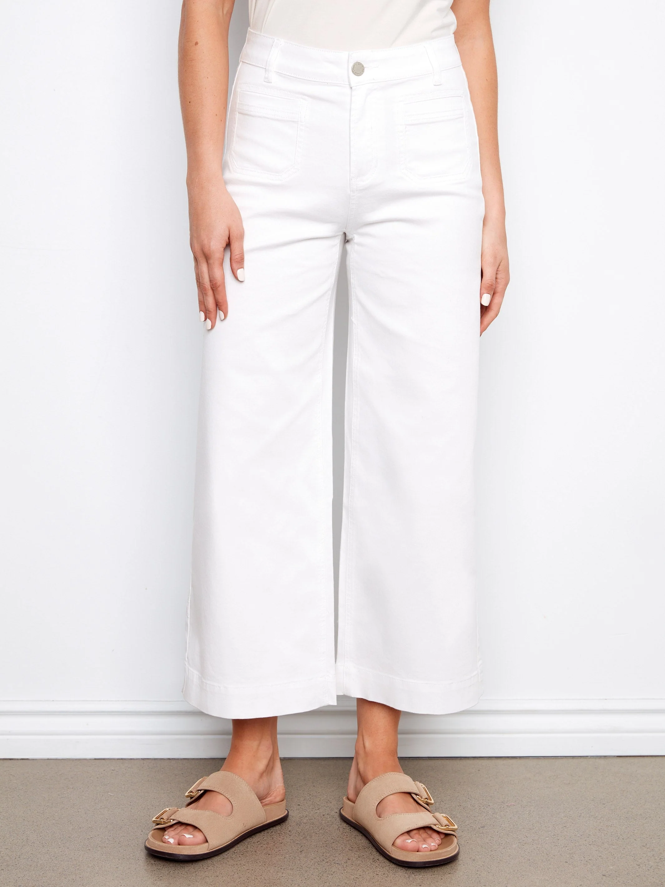 Cropped Patch Pocket Flare Twill Pants - White