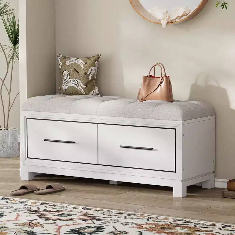 TUYOHW Shoe Bench with Removable Cushion, Entryway Bench with Hidden Storage for Living Room, Entryway and Hallways, White