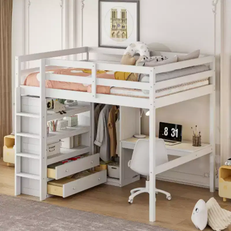 White Wood Full Size Loft Bed with Wardrobe, Desk, Shelves and Drawers