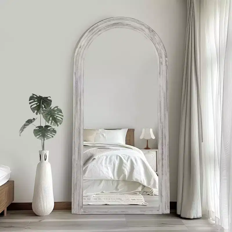 Solid Wood Staircase Style Full-Length Mirror with Angular Blocks and Whitewashed Finish, 180x90x4 cm (Without Stand)