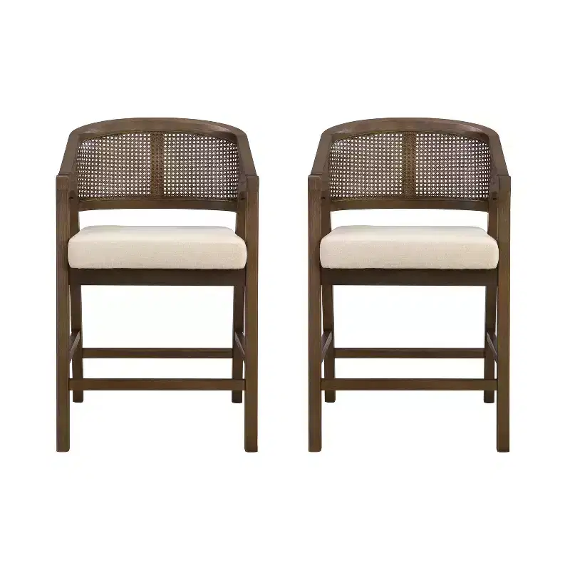 Christopher Knight Home Set of 2 Austin Rubberwood Upholstered with Cane Design Curved Back Counter Height Barstools Walnut/Beige