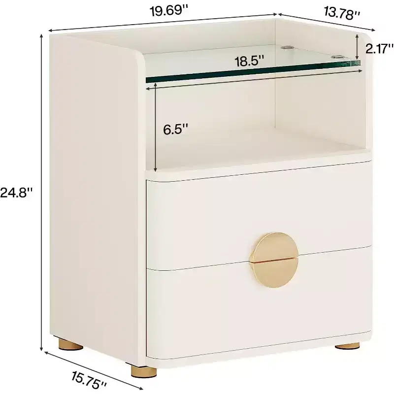 2-Drawer Nightstand, Modern Bedside Table with Open Storage
