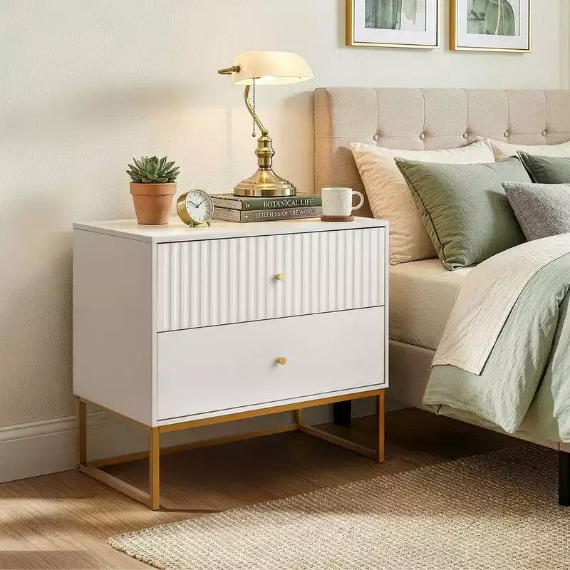 Karl Home White P2 MDF Nightstand Grid Flat 2 Drawers 27.6 Inch