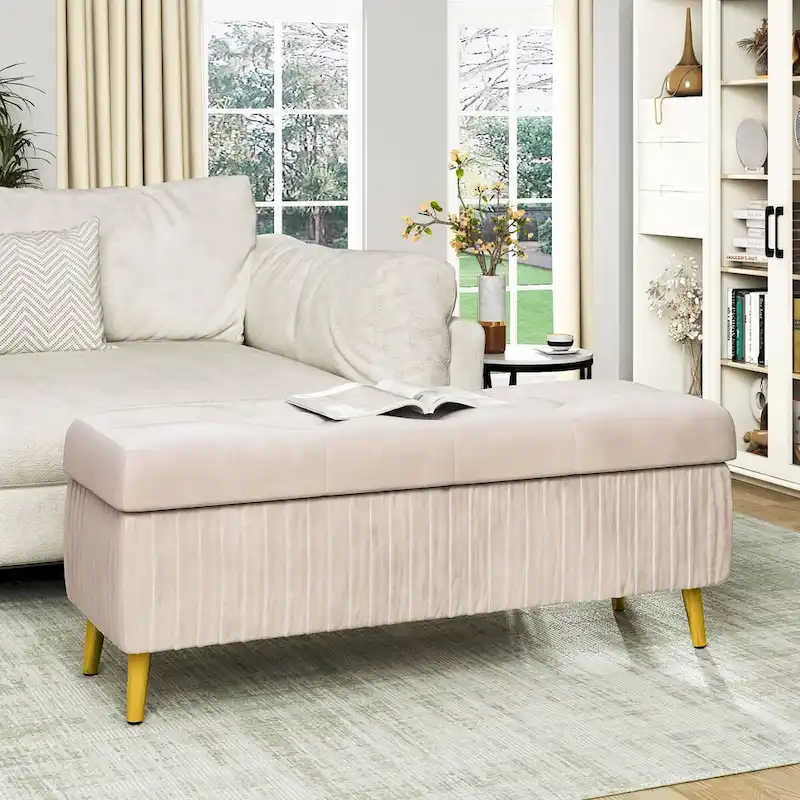 Tufted Storage Bench with Velvet Upholstery and Metal Legs