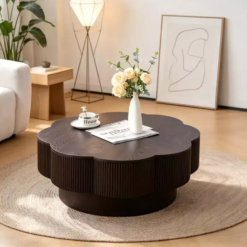 JVNOXK 31.50 Modern Petal-Shaped Coffee Table, Plum Blossom Storage Coffee Table, Natural Wood Finish, Suitable for Living Rooms,Offices, Dark Brown