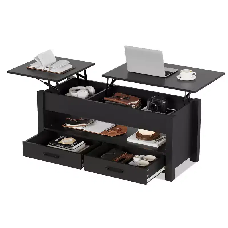 47-inch dual height-adjustable desktop coffee table, brown, with storage drawers; split-type height-adjustable sofa table with hidden shelves.