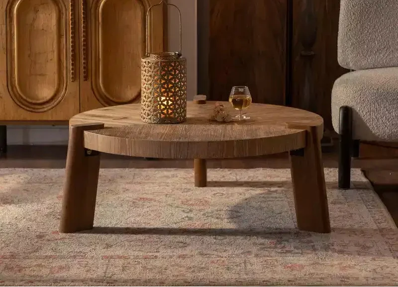 36.61 Inch Round Herringbone Coffee Table, Rustic Style with Tapered Legs and Natural Distressed Wood Finish, Ideal for Living Room