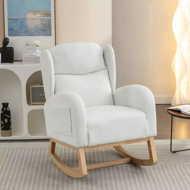 Teddy Fabric Rocking Chair With Packet Wood Legs,Ivory