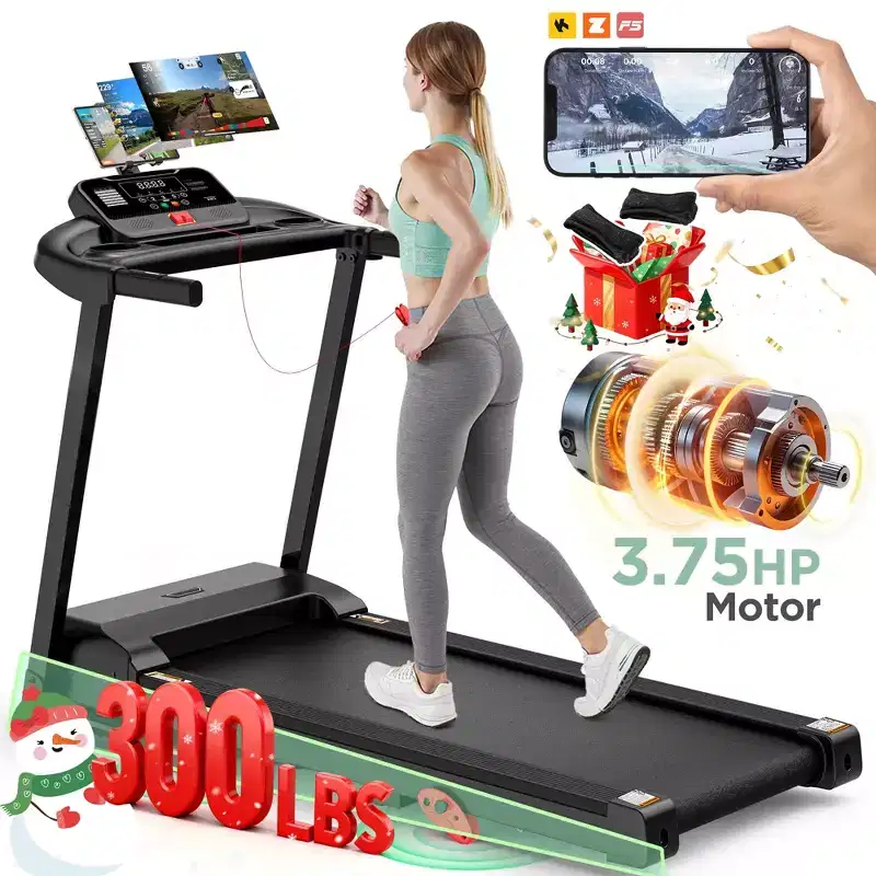 300LBS Capacity Folding Treadmill w/ Incline for Home, 3.75HP Portable Treadmill, 64+3+3+1 Program, Walking Running Exercise Machine