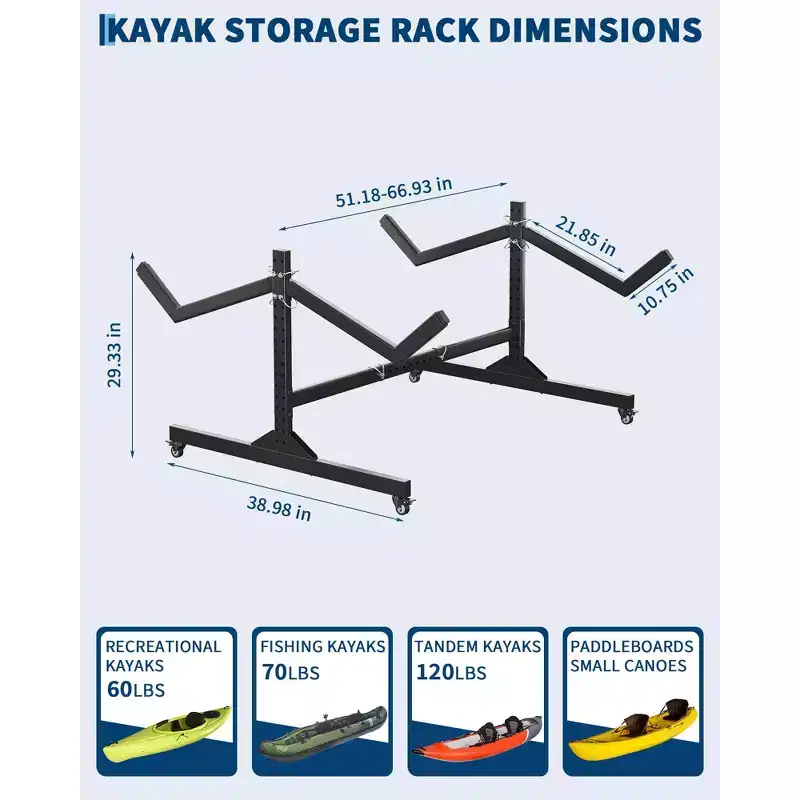 Freestanding Kayak Storage Rack for 2-6 Kayaks with Wheels, Heavy-Duty Steel Outdoor Kayak, Canoe & SUP Rack with Hanging Straps for Garage, Dock