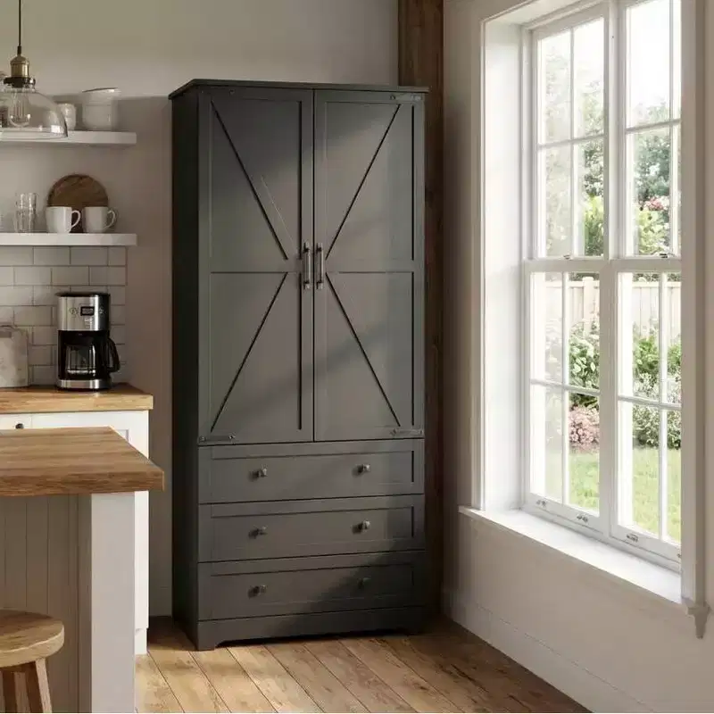 72 Tall Large Wood Farmhouse Kitchen Pantry Cabinet with Adjustable Shelves & 2 Barn Doors & 3 Drawer, Versatile Storage
