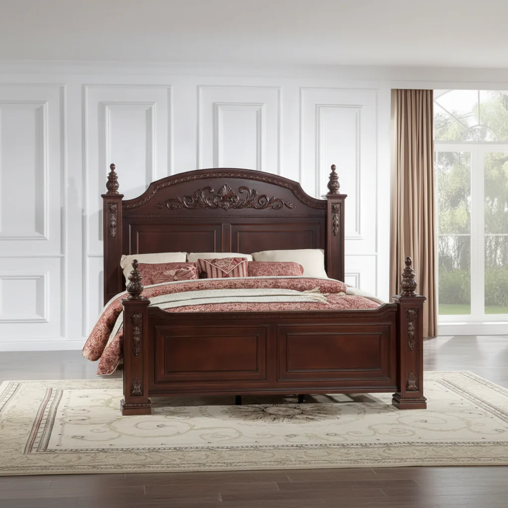 King Size Poster Bed in Deep Cherry Finish with Carved Accents – 70