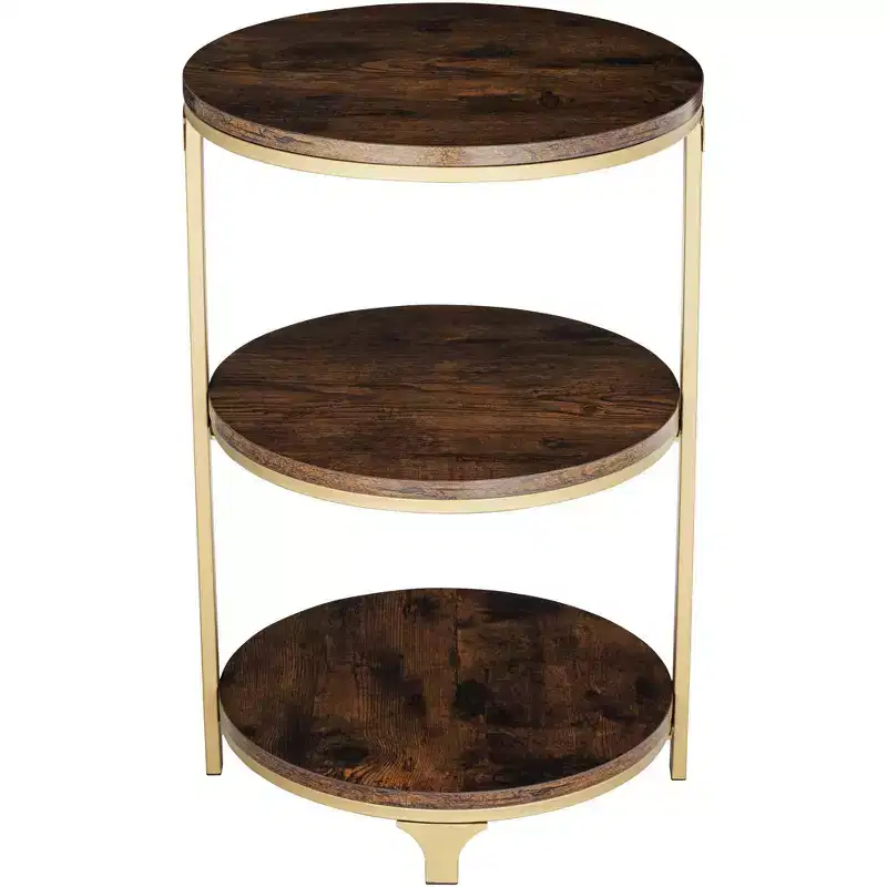 Studio 55D Keanu Farmhouse Rustic Bronze Round Accent Side End Table 15 1/4 Wide with 3-Shelf Brown Wood Tabletop for Living Room