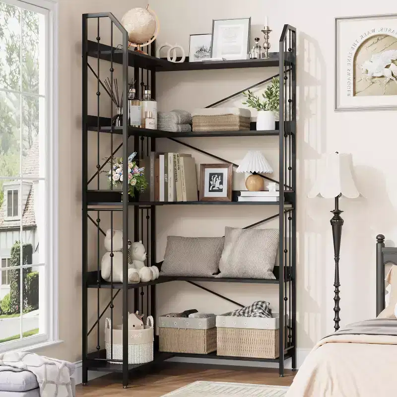 GustoWave 5-Tier Corner Bookshelf 72 Tall L-Shaped Bookcase Storage Shelf with Metal Frame