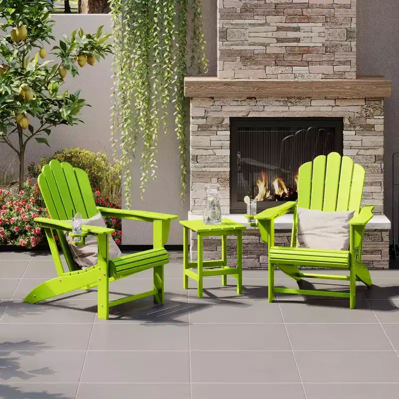 WestinTrends Highland 3-Piece Outdoor Patio HDPE Adirondack Chair With Cup Holder and Table Set, Lime