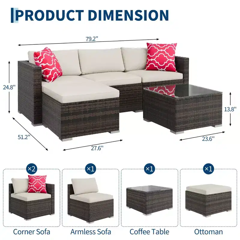 LinTimes Patio Furniture Set with Steel Frame, PE Wicker, Cushions & Glass Table for Outdoor Living Space, Easy Assembly