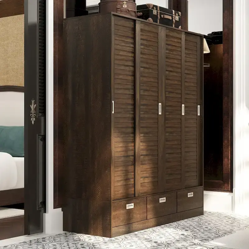 Cabinet Wardrobe Armoire with Drawers, Hanging Rod Brown