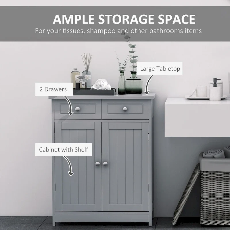 Wooden Bathroom Freestanding Floor Cabinet with 2 Doors, 2 Drawers and Adjustable Shelf