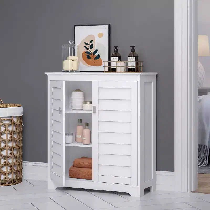 Brookfield Two-Door Floor Bathroom and Laundry Storage Cabinet and Organizer with Adjustable Shelves - White