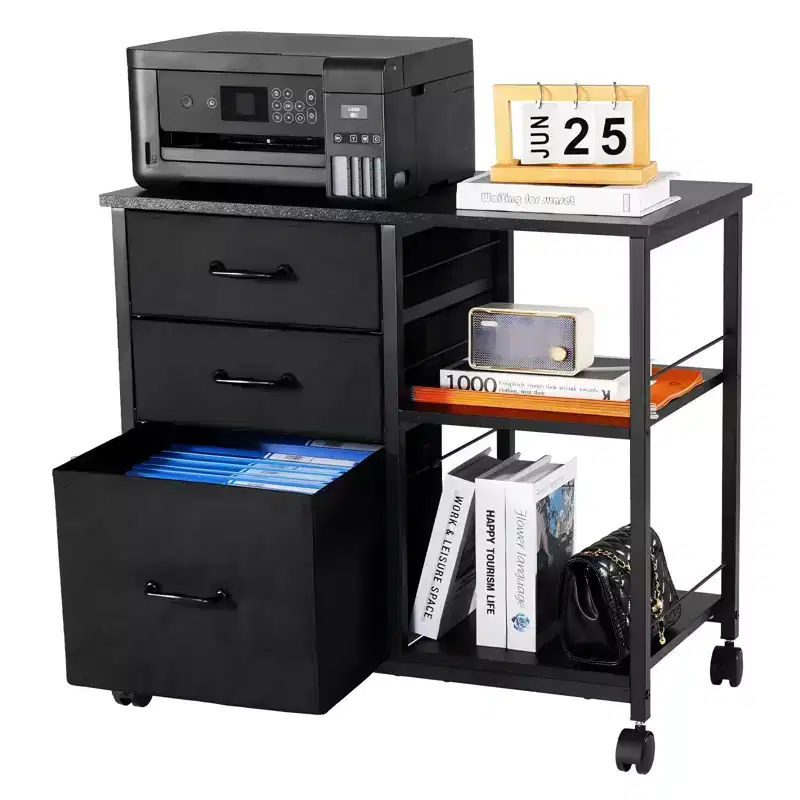 Mobile File Cabinet with 3 Fabric Drawers and Shelves - Rolling Filing Storage for Home Office